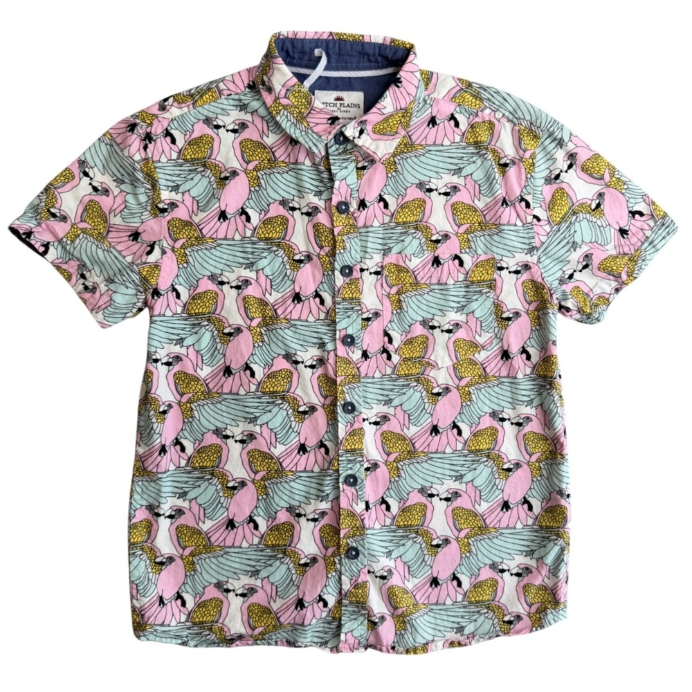 Ditch Plains Ricky Singh Parrot Print Button Up Shirt Boys S Pink Blue Tropical
